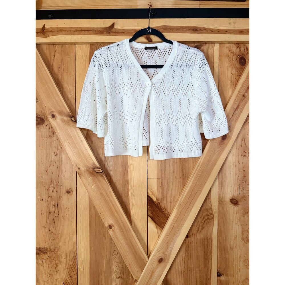 Vtg 90s Y2K Cream  Crochet Knit Pointelle Cropped Cardigan Sweater Shrug Med